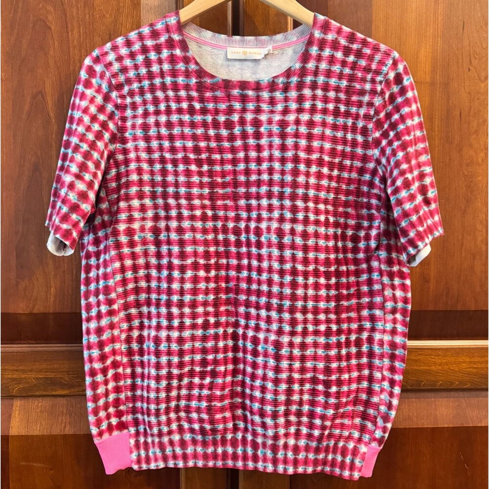 Tory Burch Sondra Tie-Dye Short Sleeve Red Pink Blue Designer Knit Top Large